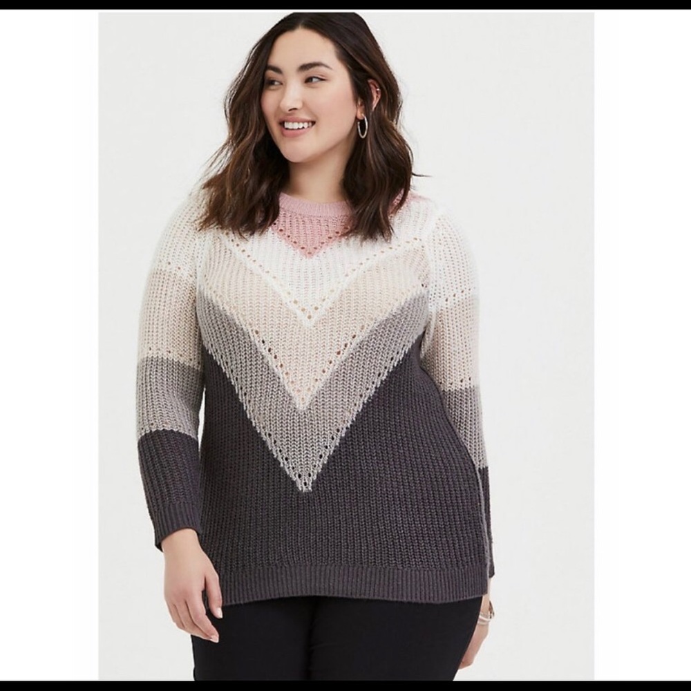 Colorblock Chevron Stripe Pointelle Sweater